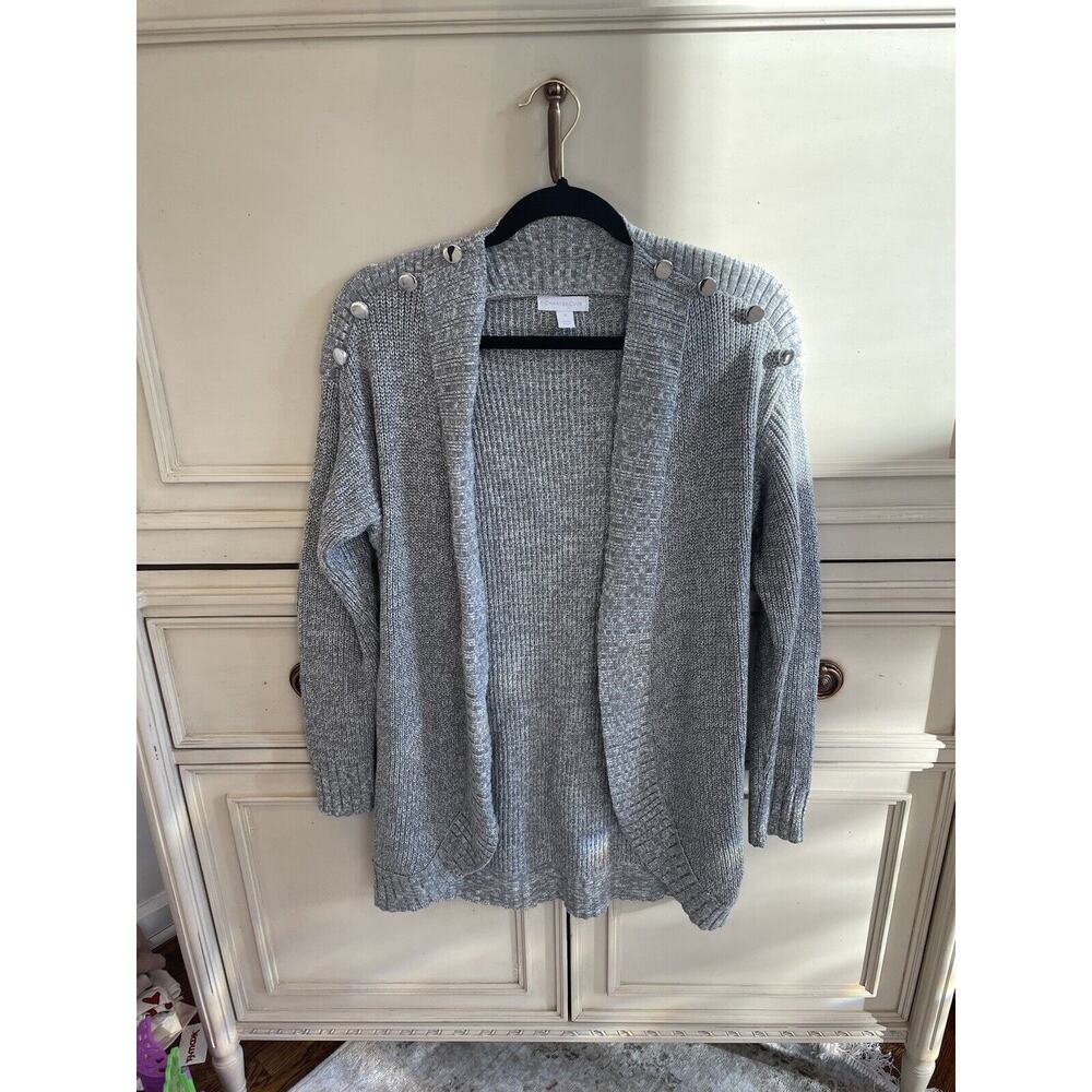 Charter Club Gray Knit Open Front Cardigan Silver Button Shoulder Cotton Blend M
